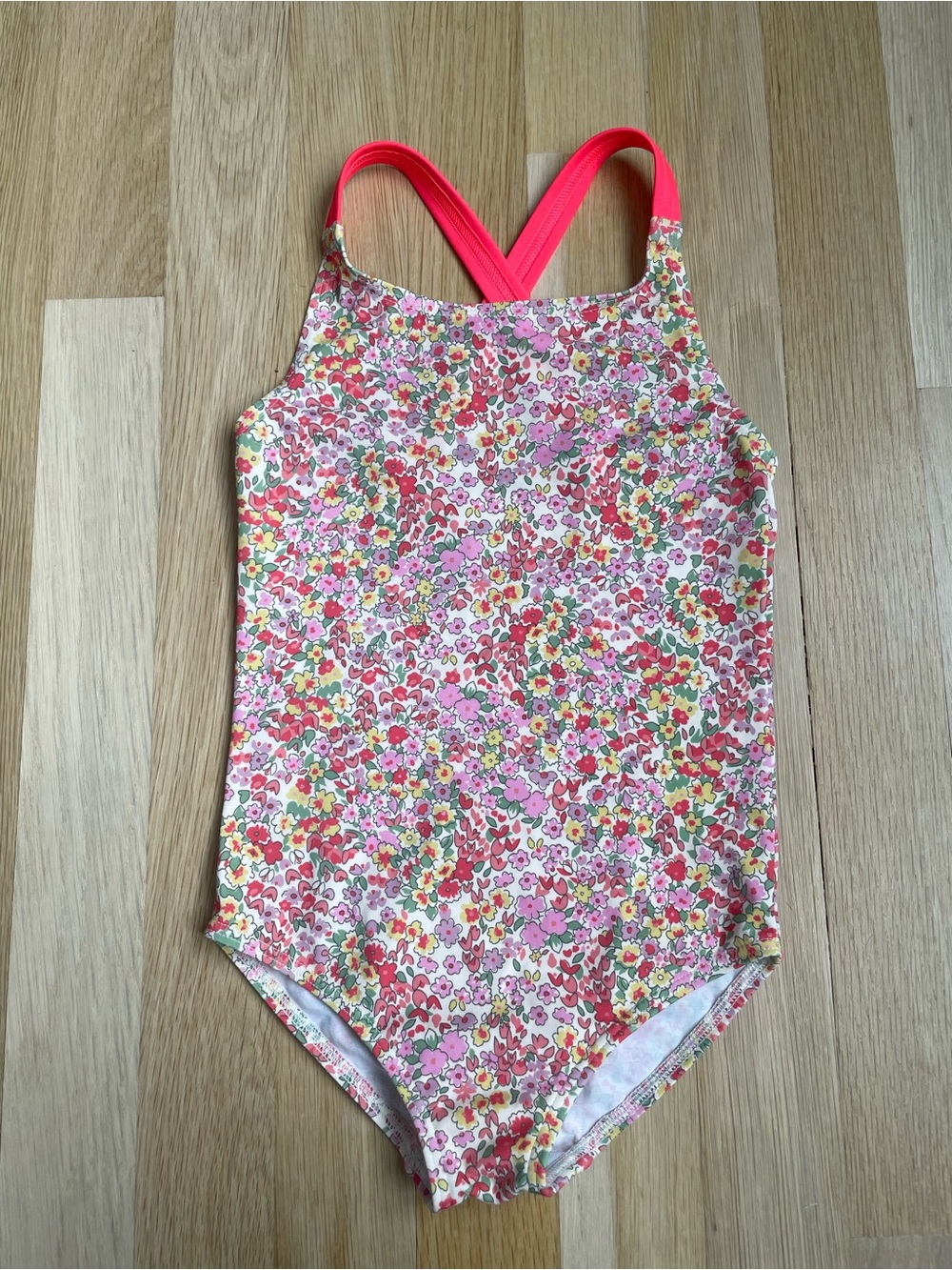 Mini Boden Floral One-Piece Swimsuit with Neon Pink Straps